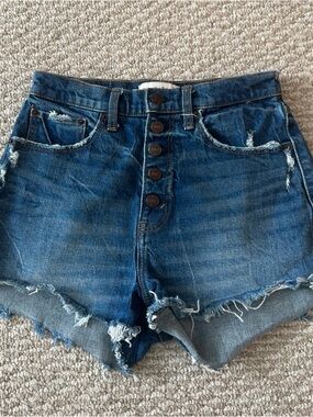 Abercrombie & Fitch Distressed Button-Fly Denim Shorts - Dark Blue